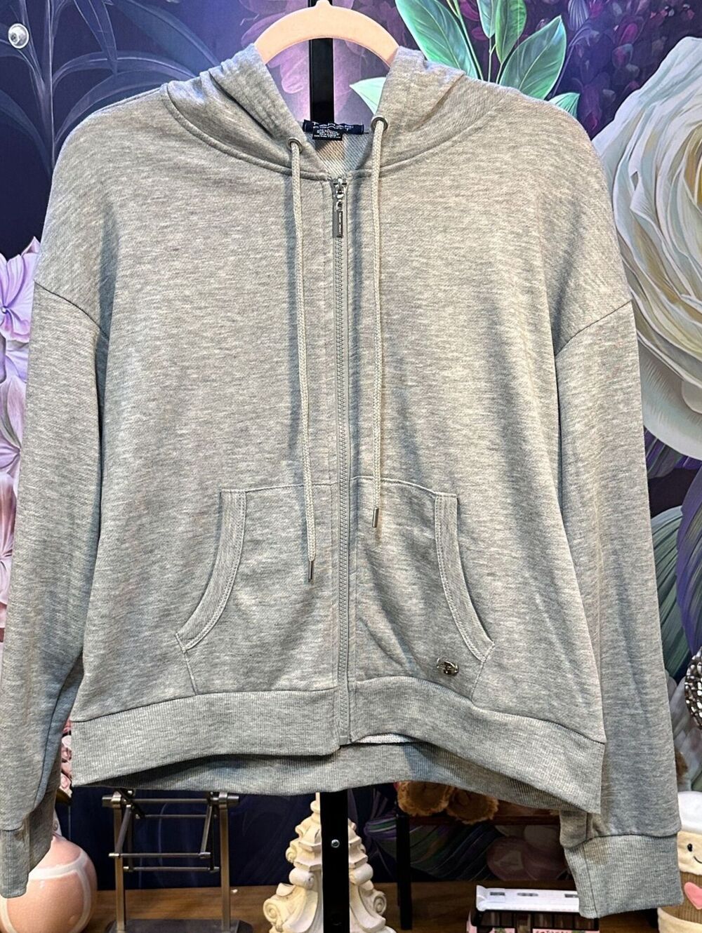 Tahari Sport L Heather Gray NWT Zip Up Hoodie Drawstring Hood Kangaroo Pocket